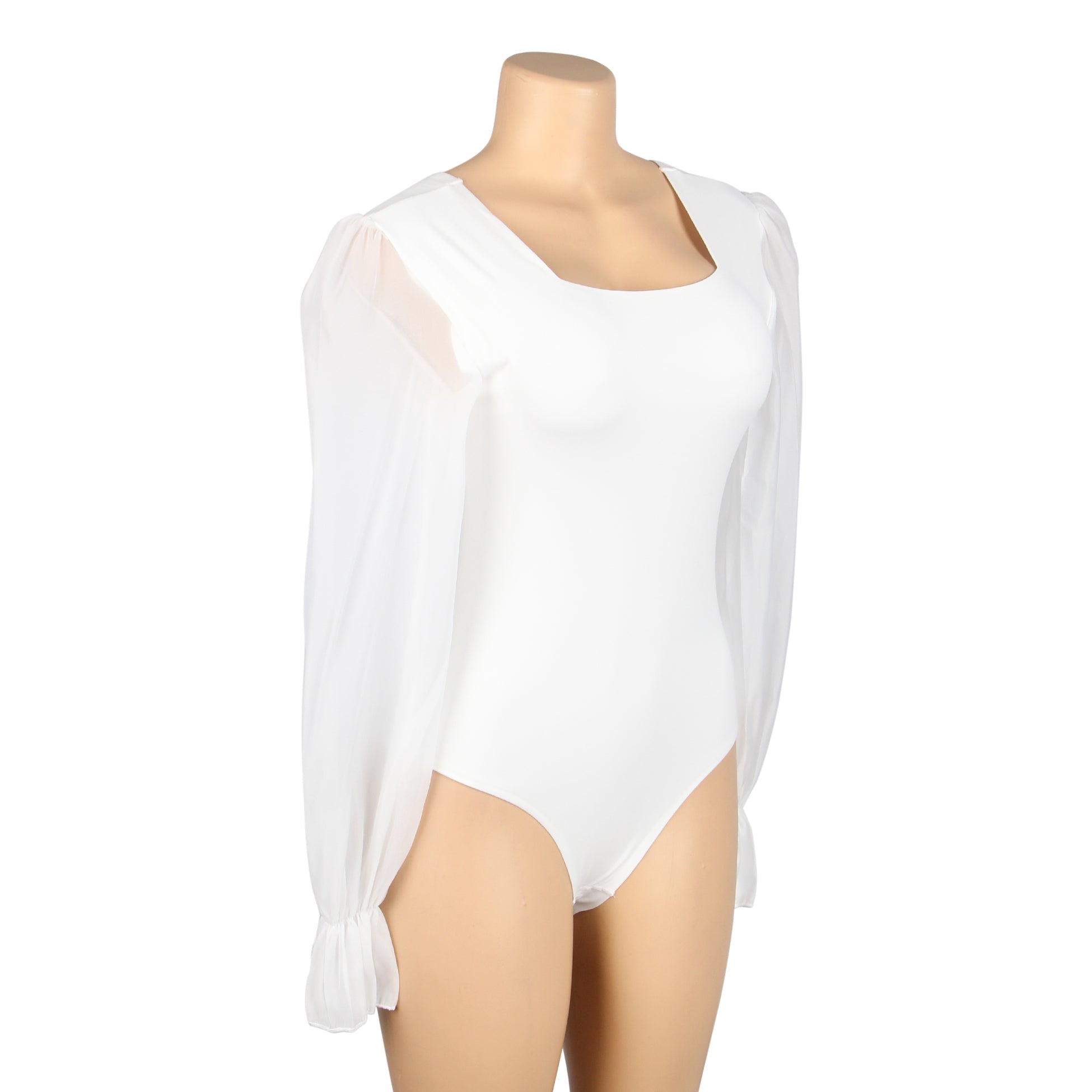 White Sexy Swim Cloth Chiffon Puff Sleeves Square Neck Open Crotch Bodysuit - TeaseFashion