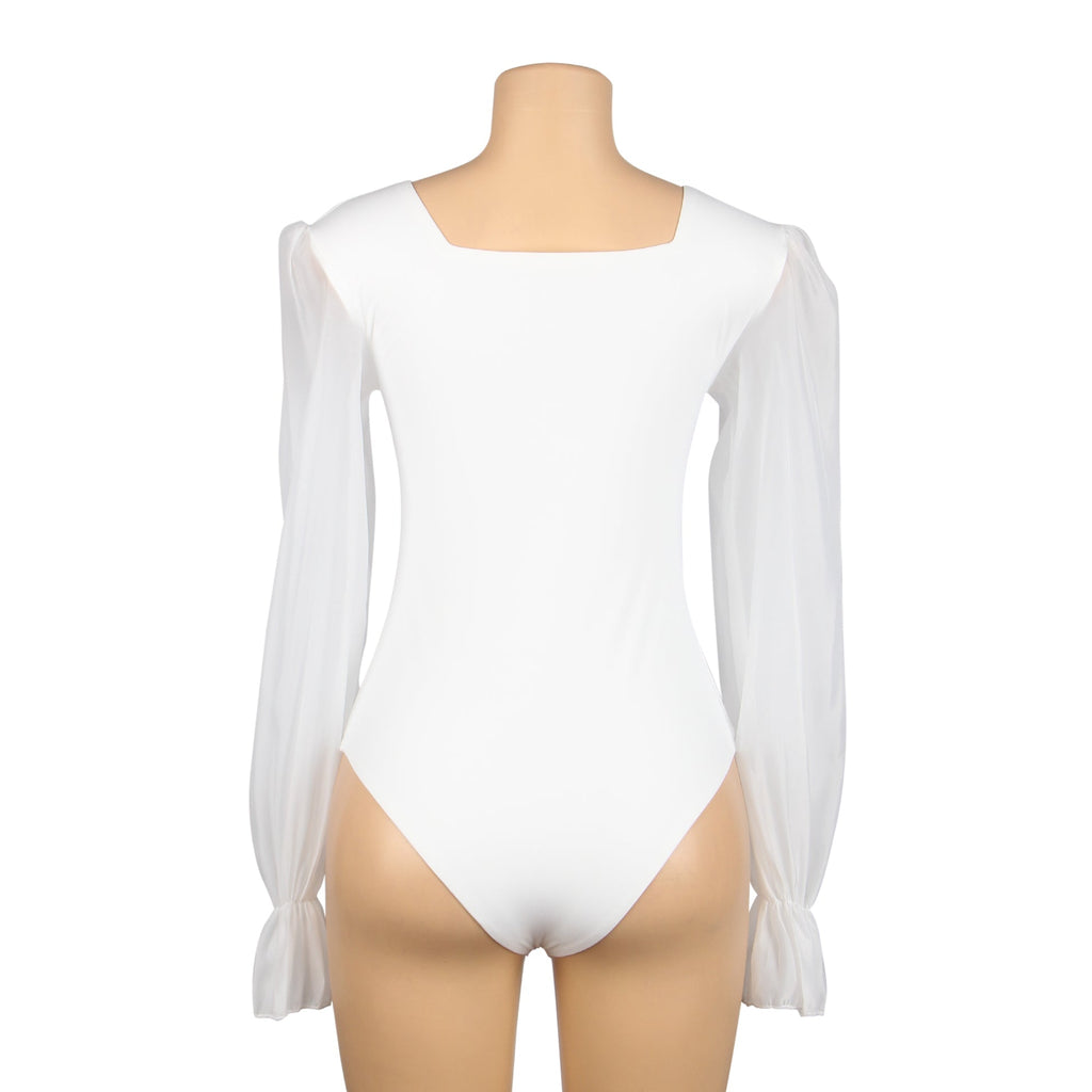 White Sexy Swim Cloth Chiffon Puff Sleeves Square Neck Open Crotch Bodysuit - TeaseFashion