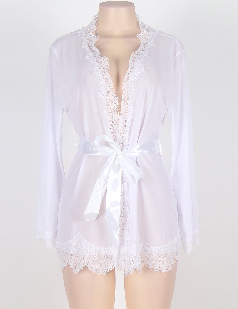White Sheer Mesh Robe – Eyelash Lace Trim, Satin Belt & Thong Set - TeaseFashion