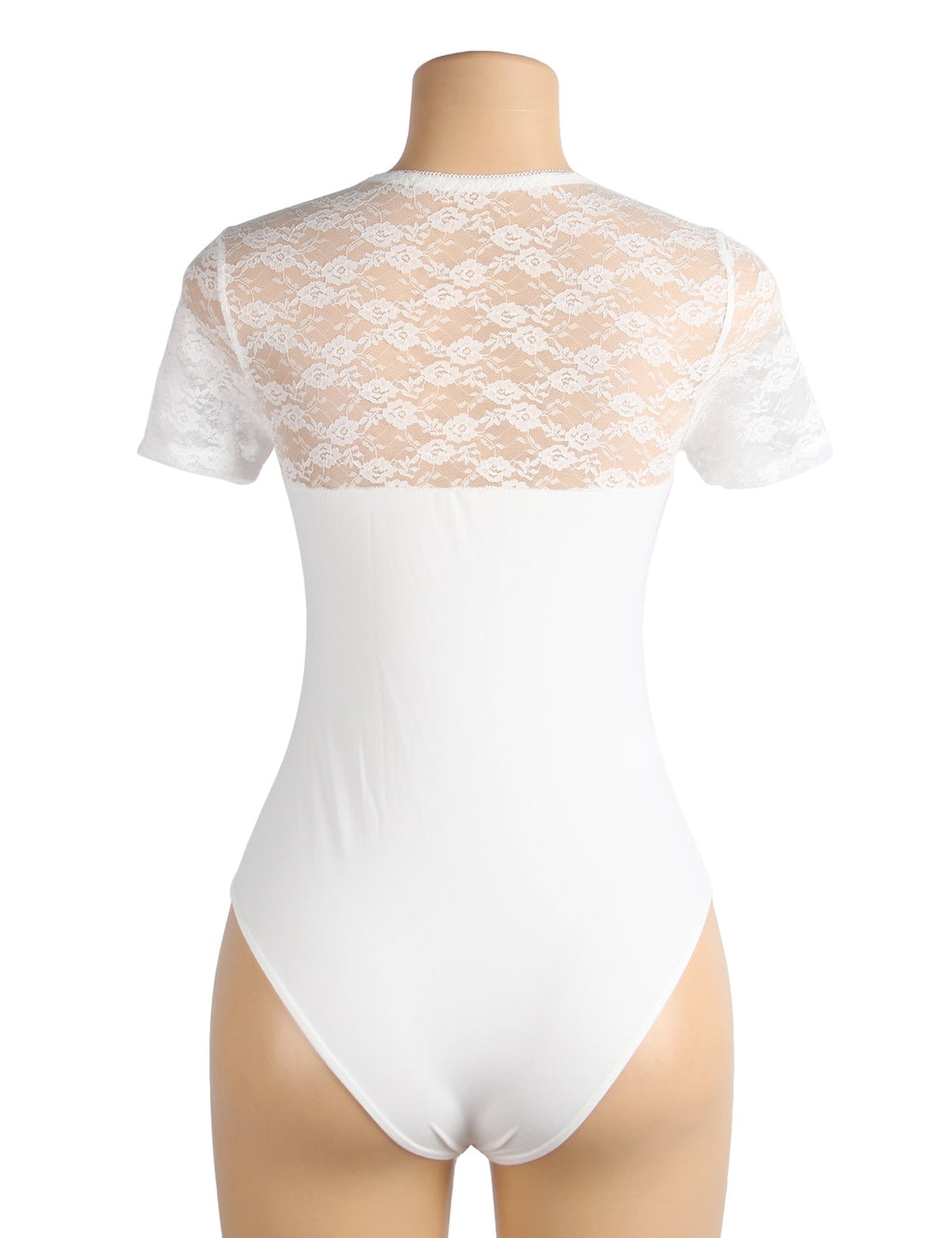 White Short Sleeve Bodysuit – Lace Mesh on Chest & Sleeves, Round Neck - TeaseFashion