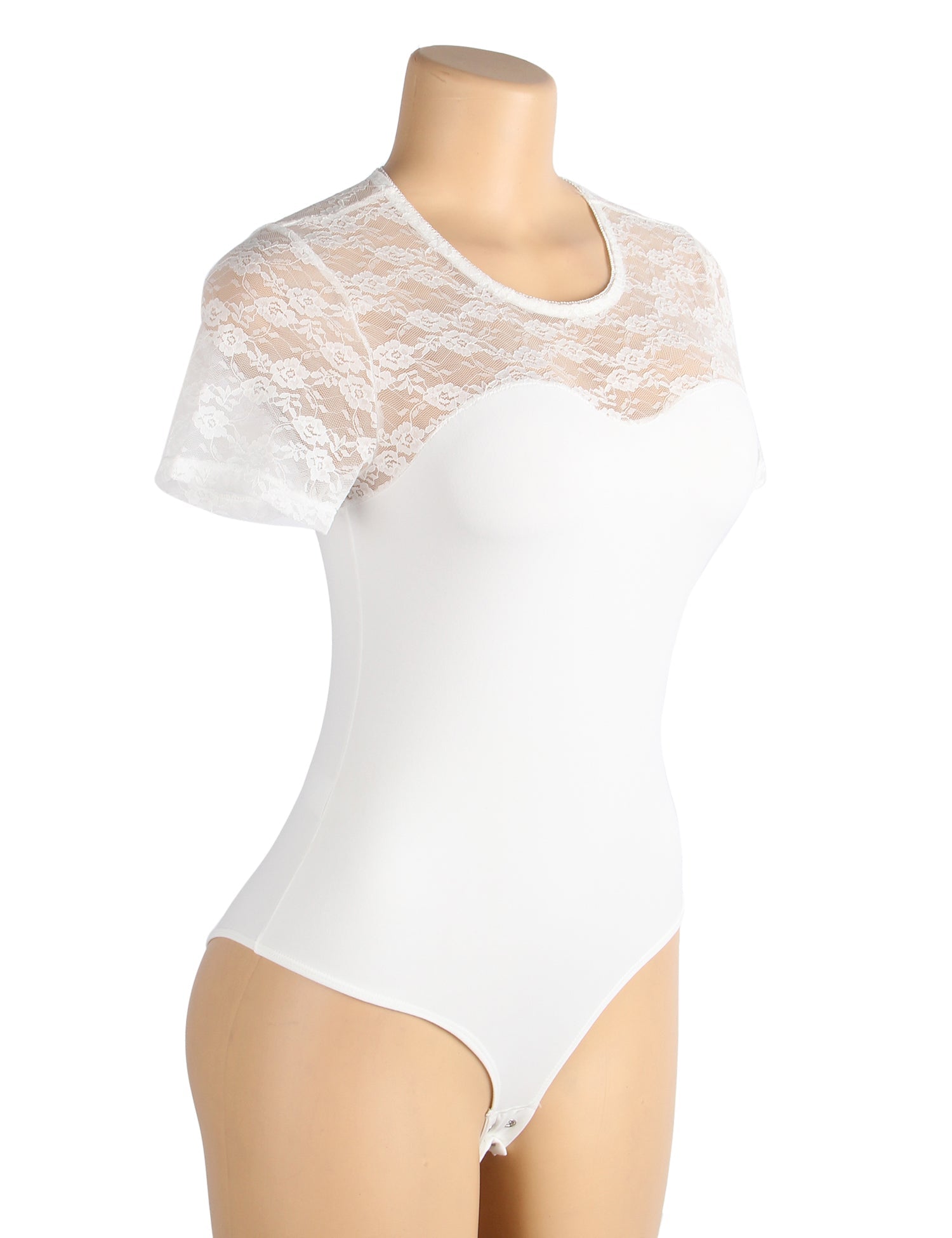 White Short Sleeve Bodysuit – Lace Mesh on Chest & Sleeves, Round Neck - TeaseFashion