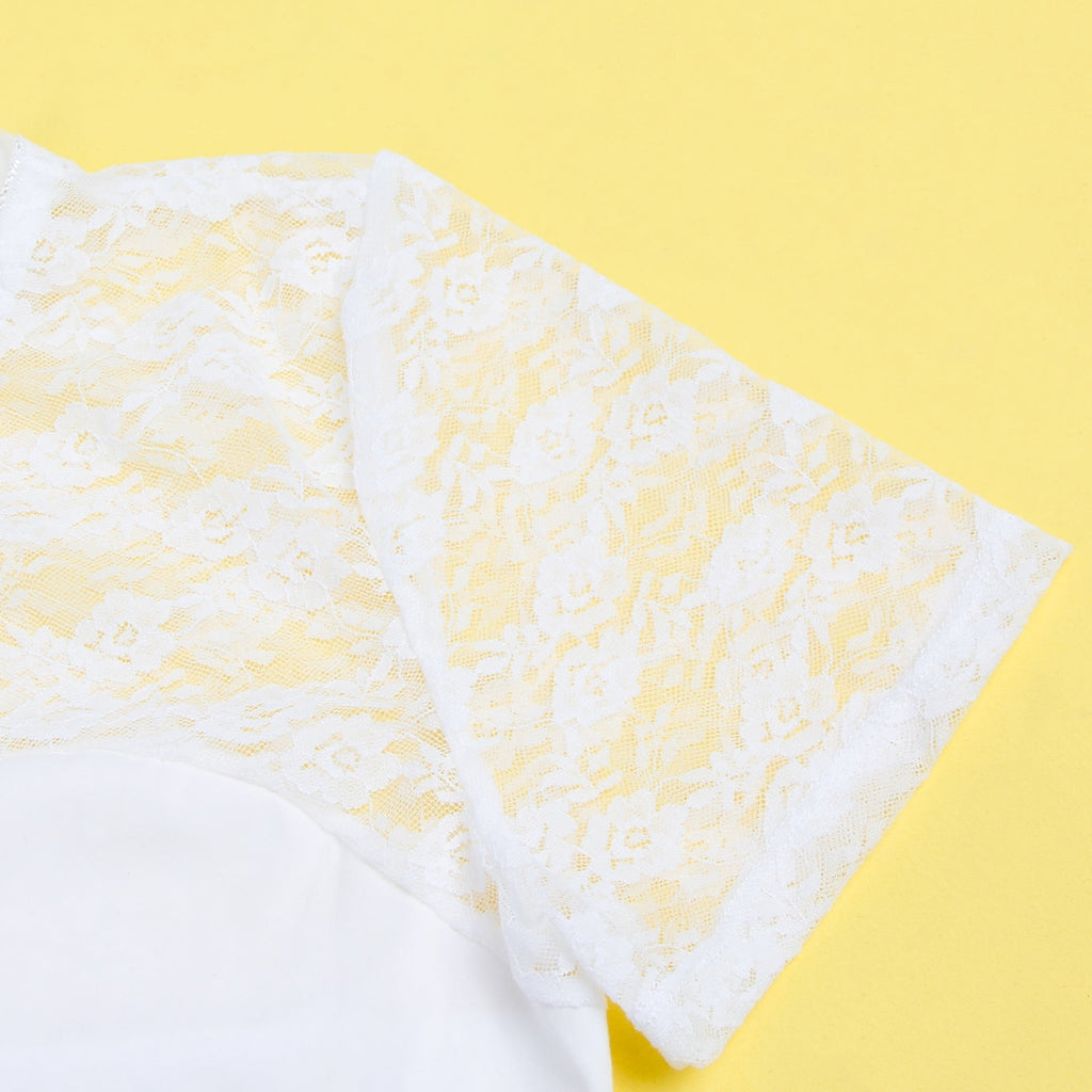 White Short Sleeve Bodysuit – Lace Mesh on Chest & Sleeves, Round Neck - TeaseFashion