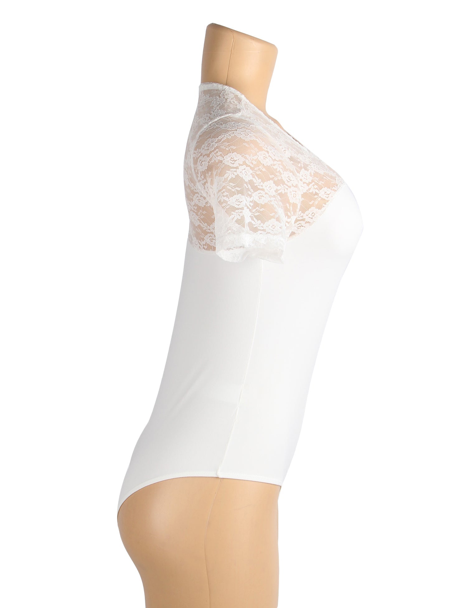 White Short Sleeve Bodysuit – Lace Mesh on Chest & Sleeves, Round Neck - TeaseFashion