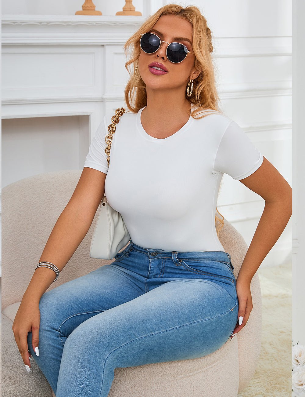 White Simple Short Sleeves Open Crotch Bodysuit - TeaseFashion