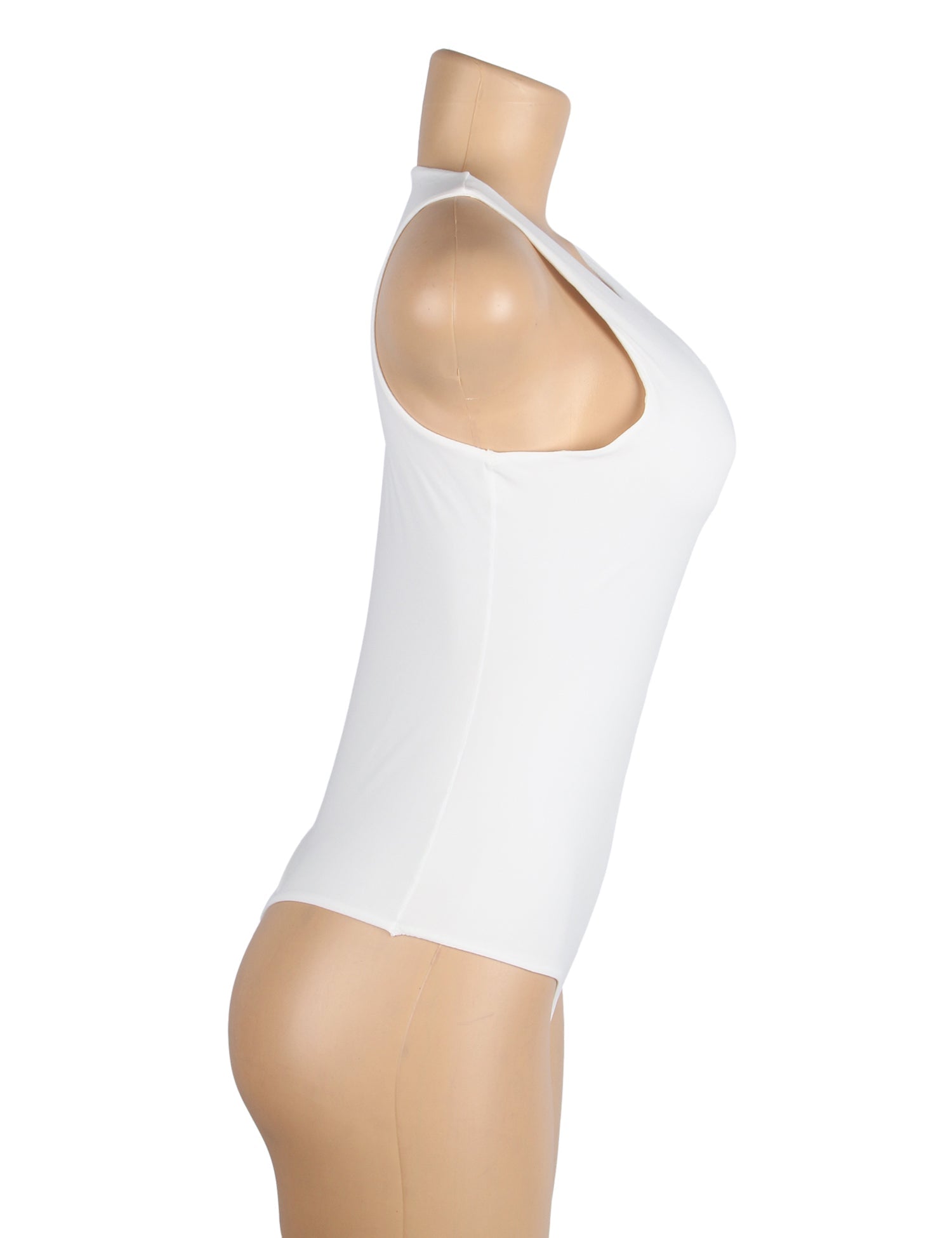 White Sleeveless Bodysuit – Brushed Nylon, Round Neck & Snap Crotch - TeaseFashion