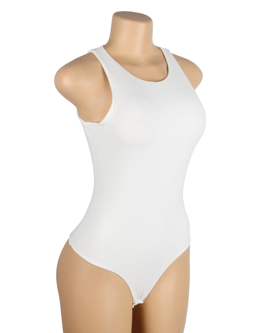 White Sleeveless Bodysuit – Brushed Nylon, Round Neck & Snap Crotch - TeaseFashion