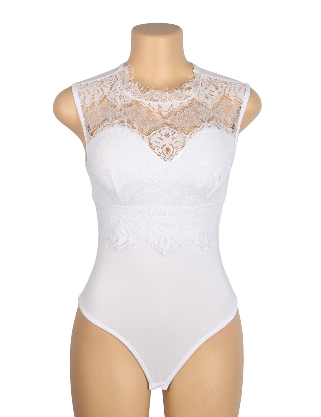 White Sleeveless Bodysuit – Lace Chest, Pearl Button Mesh Back - TeaseFashion