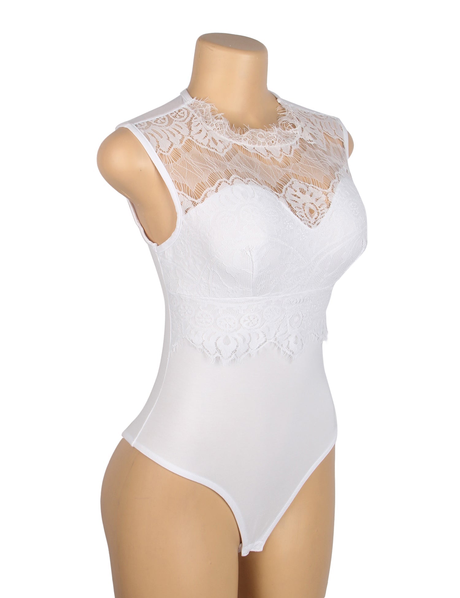 White Sleeveless Bodysuit – Lace Chest, Pearl Button Mesh Back - TeaseFashion