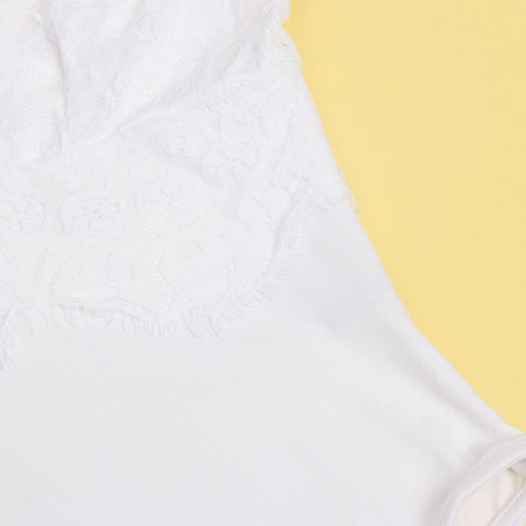 White Sleeveless Bodysuit – Lace Chest, Pearl Button Mesh Back - TeaseFashion