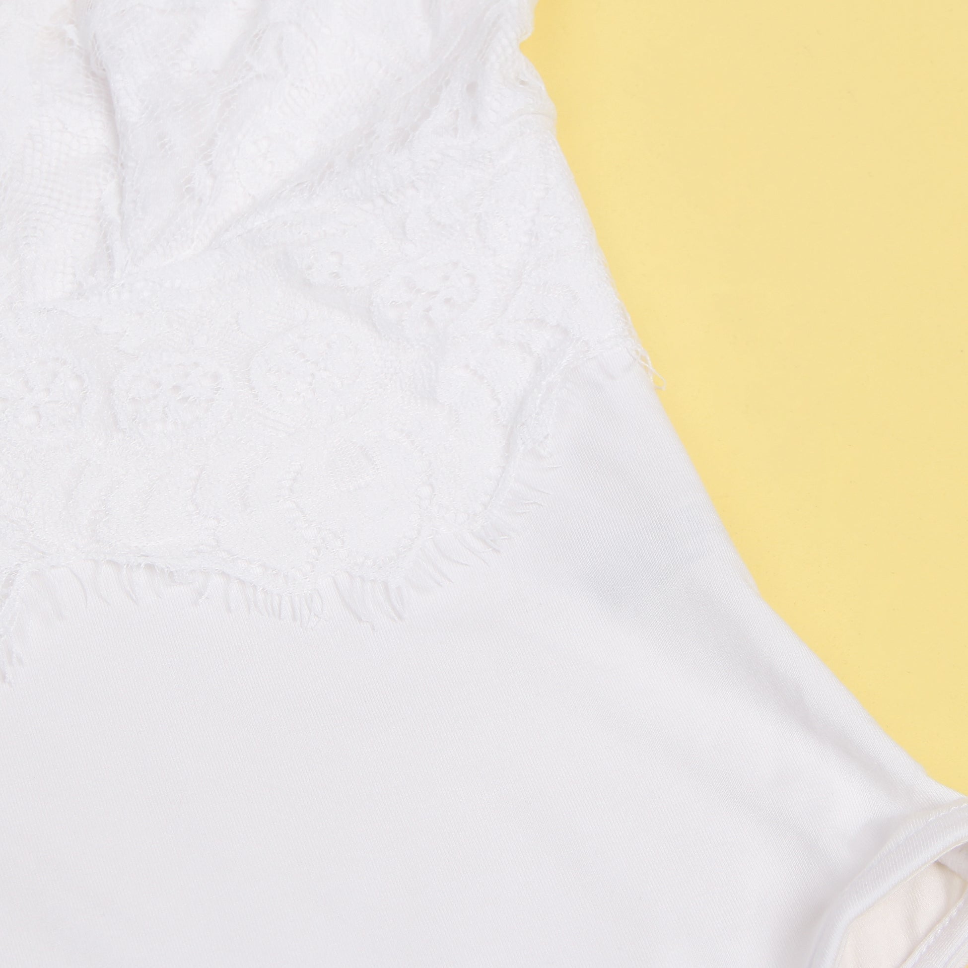White Sleeveless Bodysuit – Lace Chest, Pearl Button Mesh Back - TeaseFashion