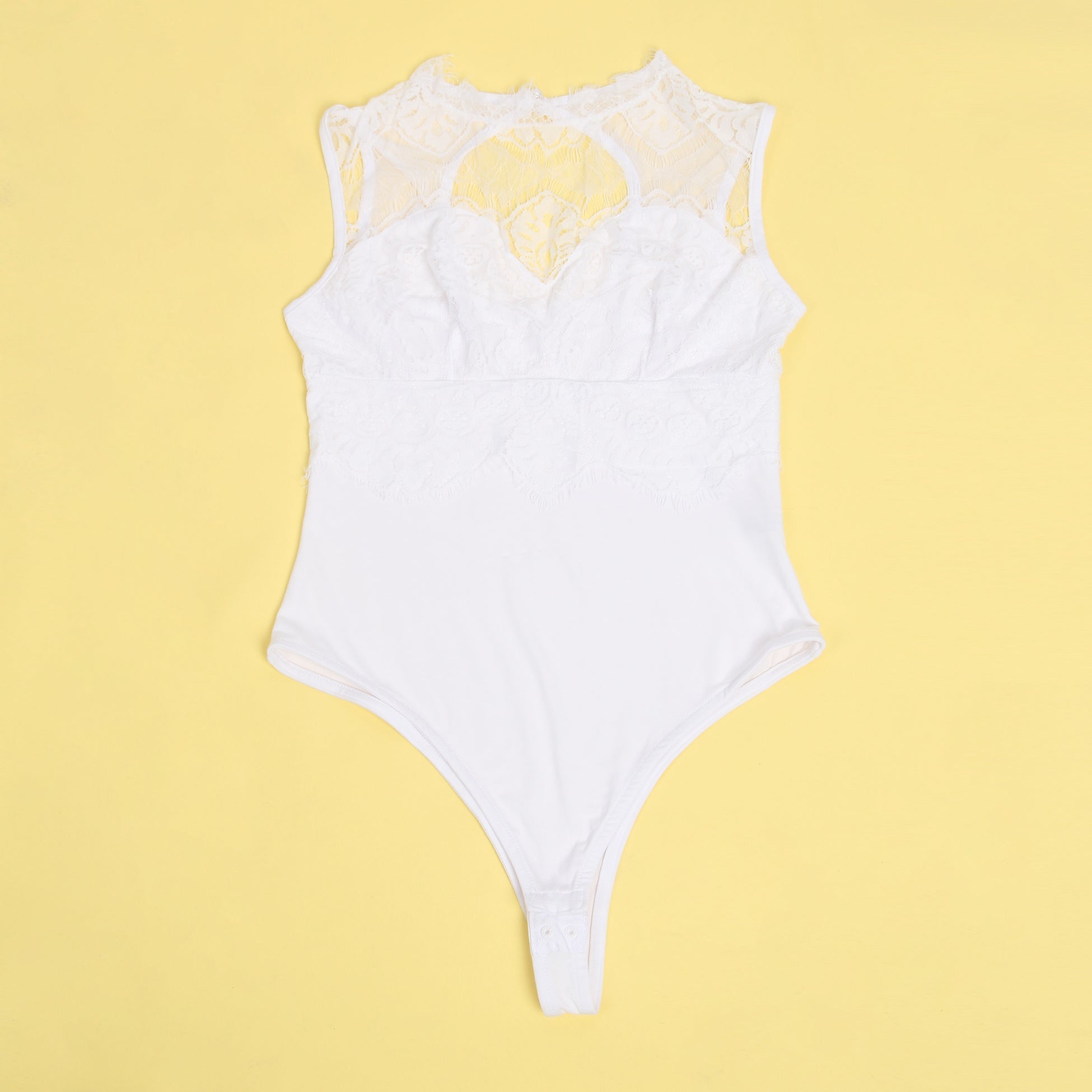White Sleeveless Bodysuit – Lace Chest, Pearl Button Mesh Back - TeaseFashion