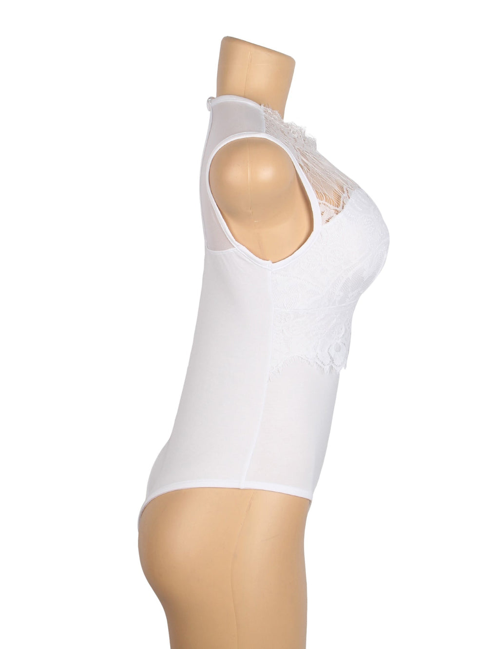 White Sleeveless Bodysuit – Lace Chest, Pearl Button Mesh Back - TeaseFashion