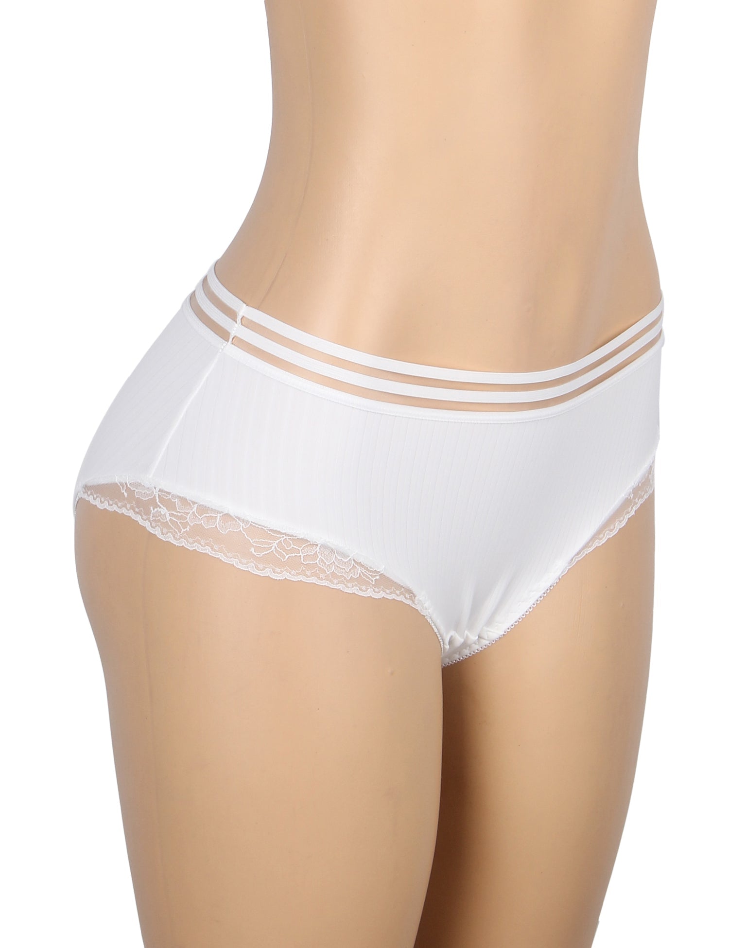White Striped Brief with Lace Hem & Cotton Gusset - TeaseFashion