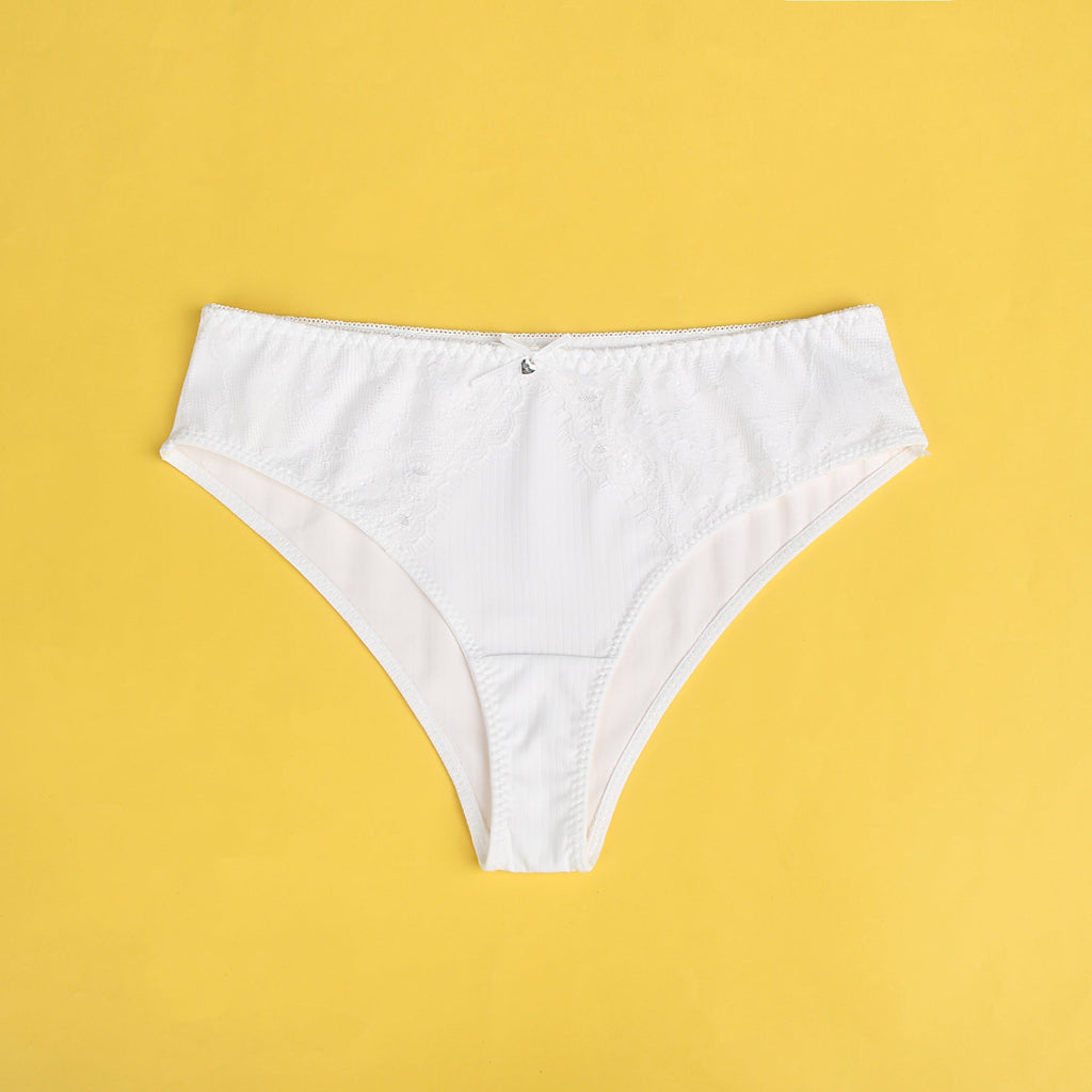 White Striped Brief with Lace Trim & Bow Detail - TeaseFashion