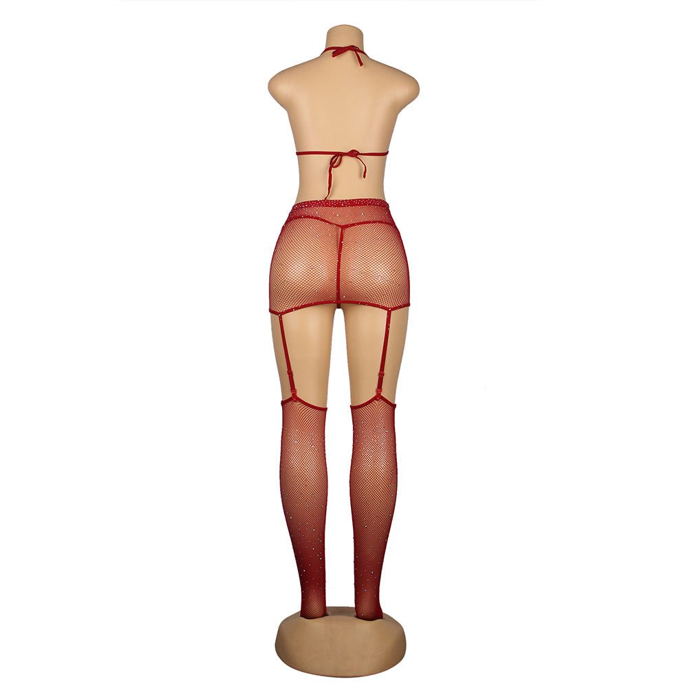 Wine Red Diamond Fishnet Halter - Neck Bodystocking Set with Gloves & Stockings - TeaseFashion