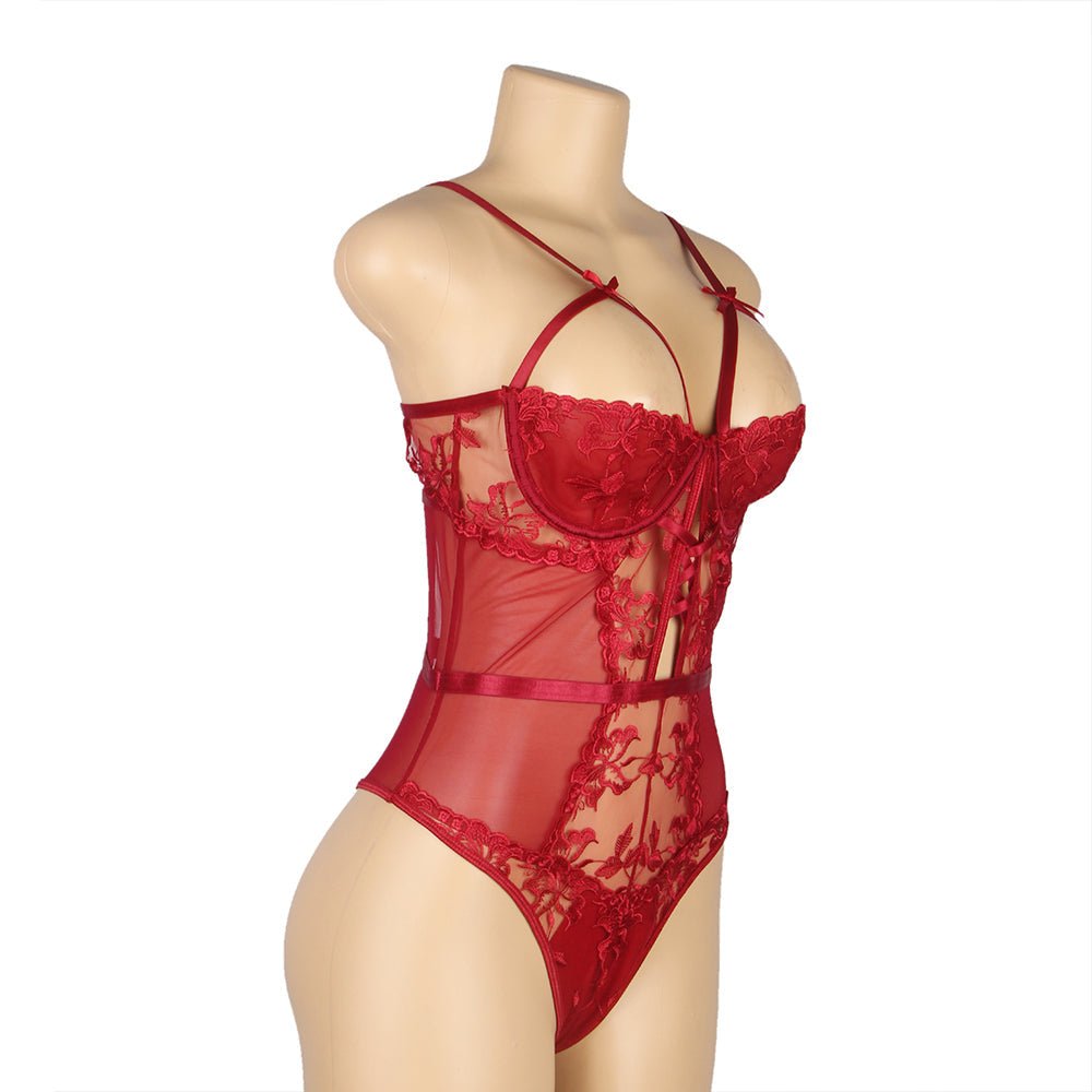 Wine Red Embroidered Mesh Bodysuit – Steel Ring Bra, 3D Embroidery, Crisscross Body & Deep V Back - TeaseFashion
