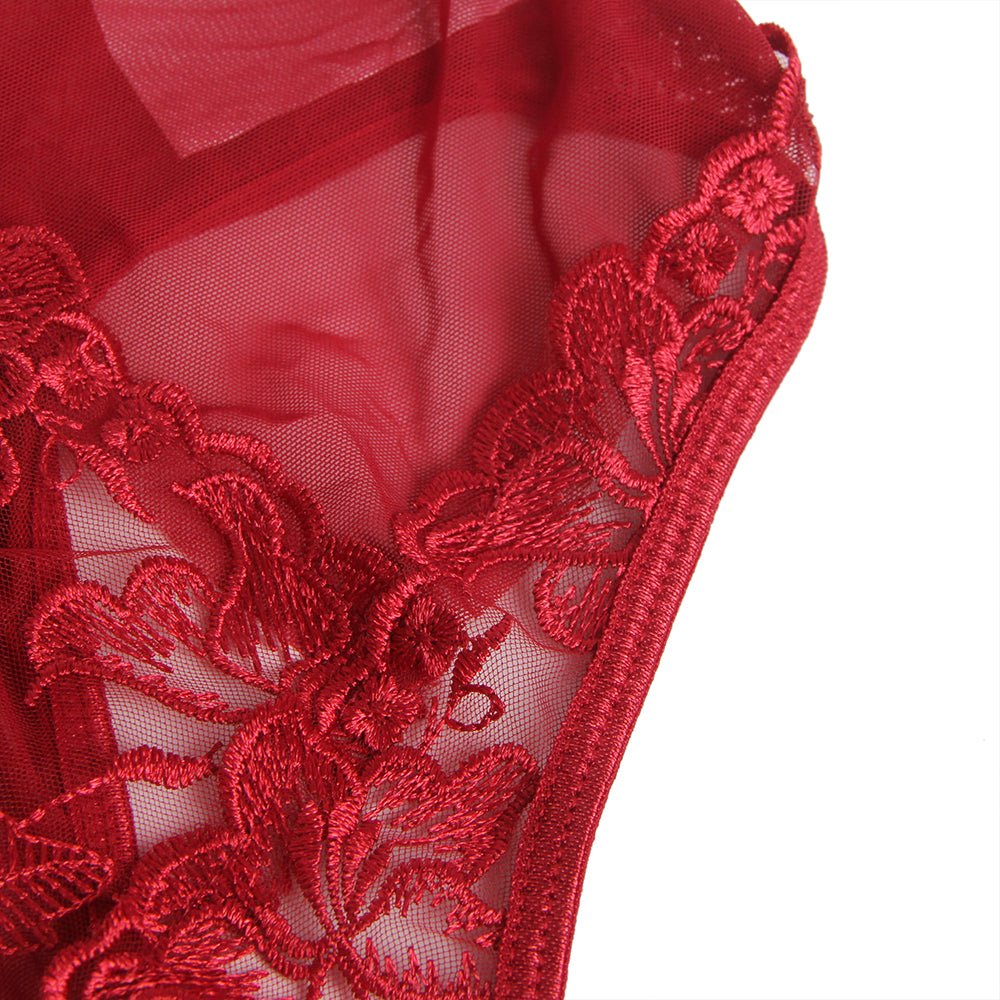 Wine Red Embroidered Mesh Bodysuit – Steel Ring Bra, 3D Embroidery, Crisscross Body & Deep V Back - TeaseFashion