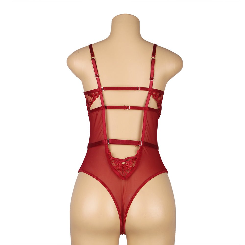 Wine Red Embroidered Mesh Bodysuit – Steel Ring Bra, 3D Embroidery, Crisscross Body & Deep V Back - TeaseFashion