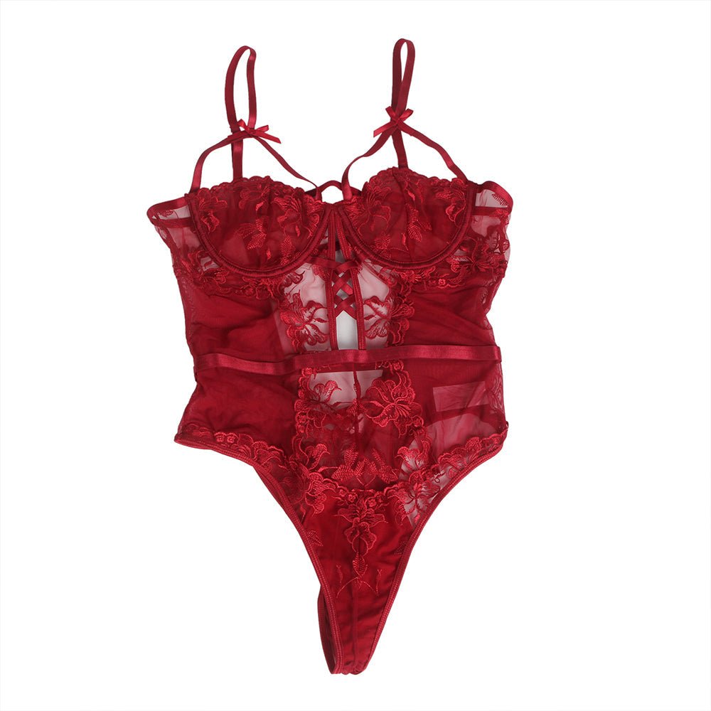 Wine Red Embroidered Mesh Bodysuit – Steel Ring Bra, 3D Embroidery, Crisscross Body & Deep V Back - TeaseFashion