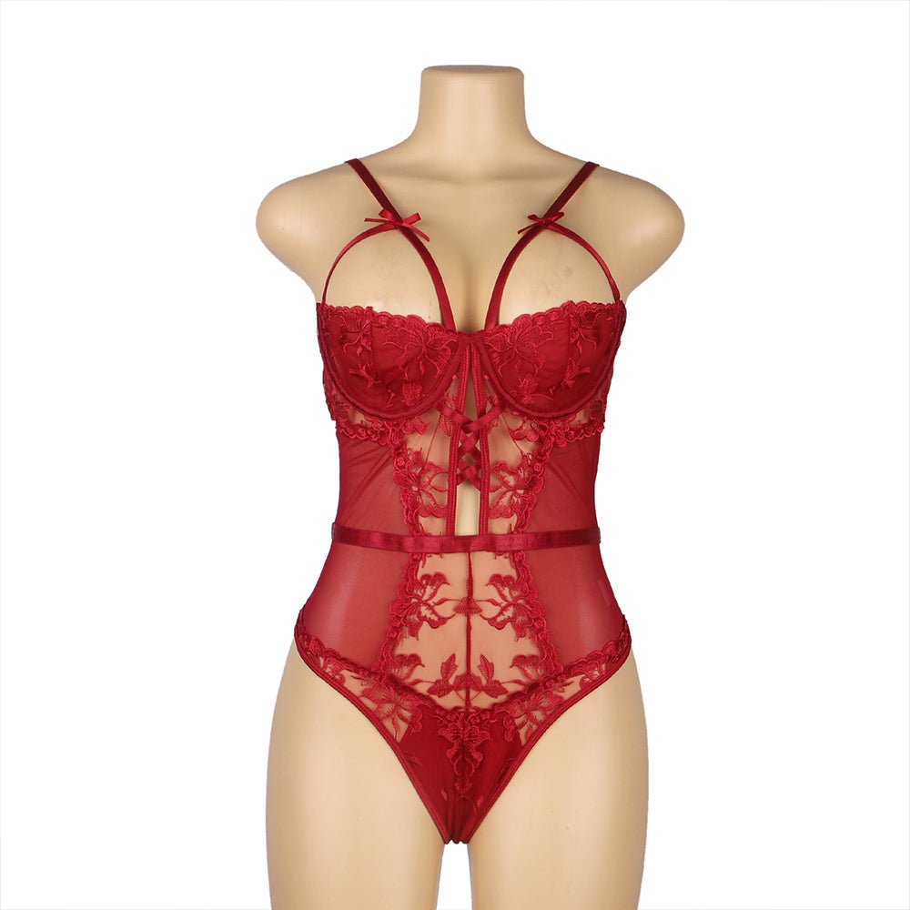 Wine Red Embroidered Mesh Bodysuit – Steel Ring Bra, 3D Embroidery, Crisscross Body & Deep V Back - TeaseFashion