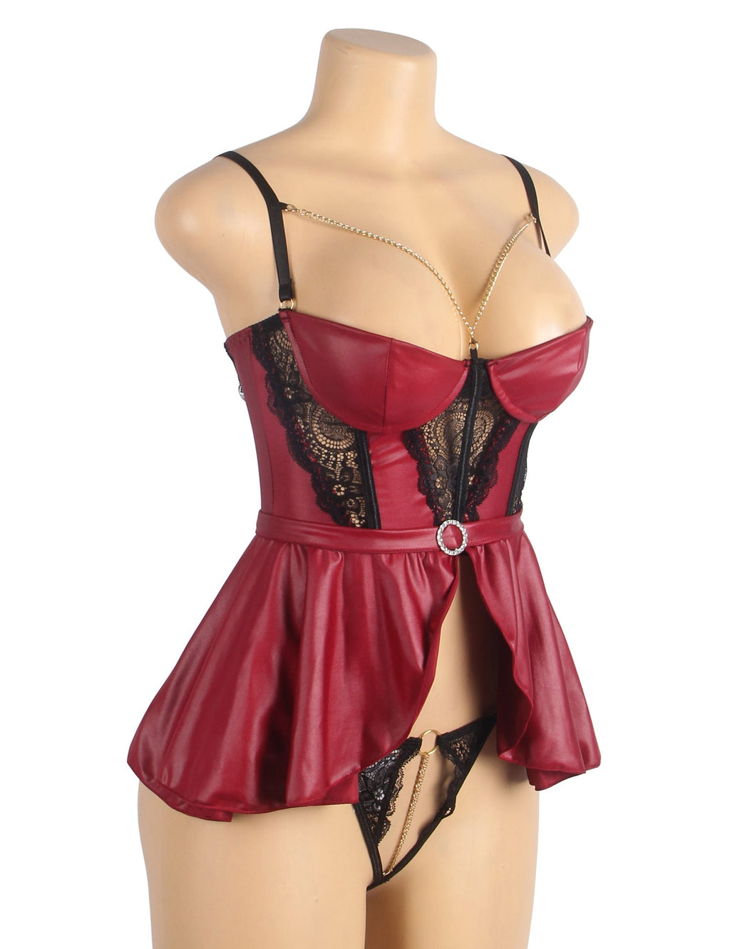 Wine Red Faux Leather Lace Nightgown – Front & Back Slit, Button Back, Removable Chain & Waist Belt - TeaseFashion