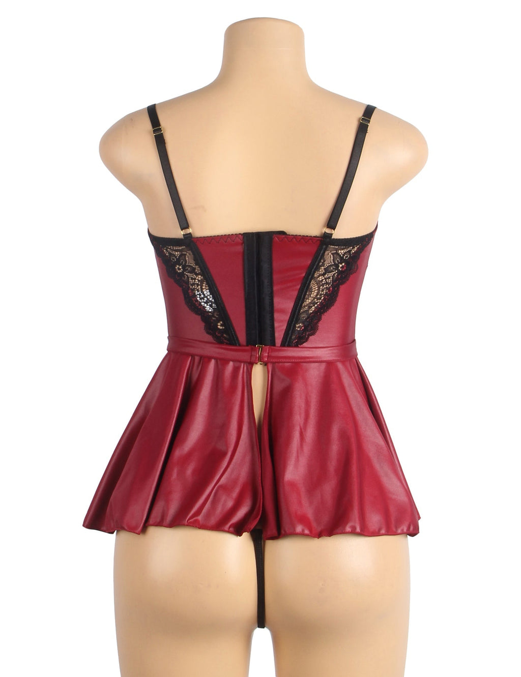 Wine Red Faux Leather Lace Nightgown – Front & Back Slit, Button Back, Removable Chain & Waist Belt - TeaseFashion