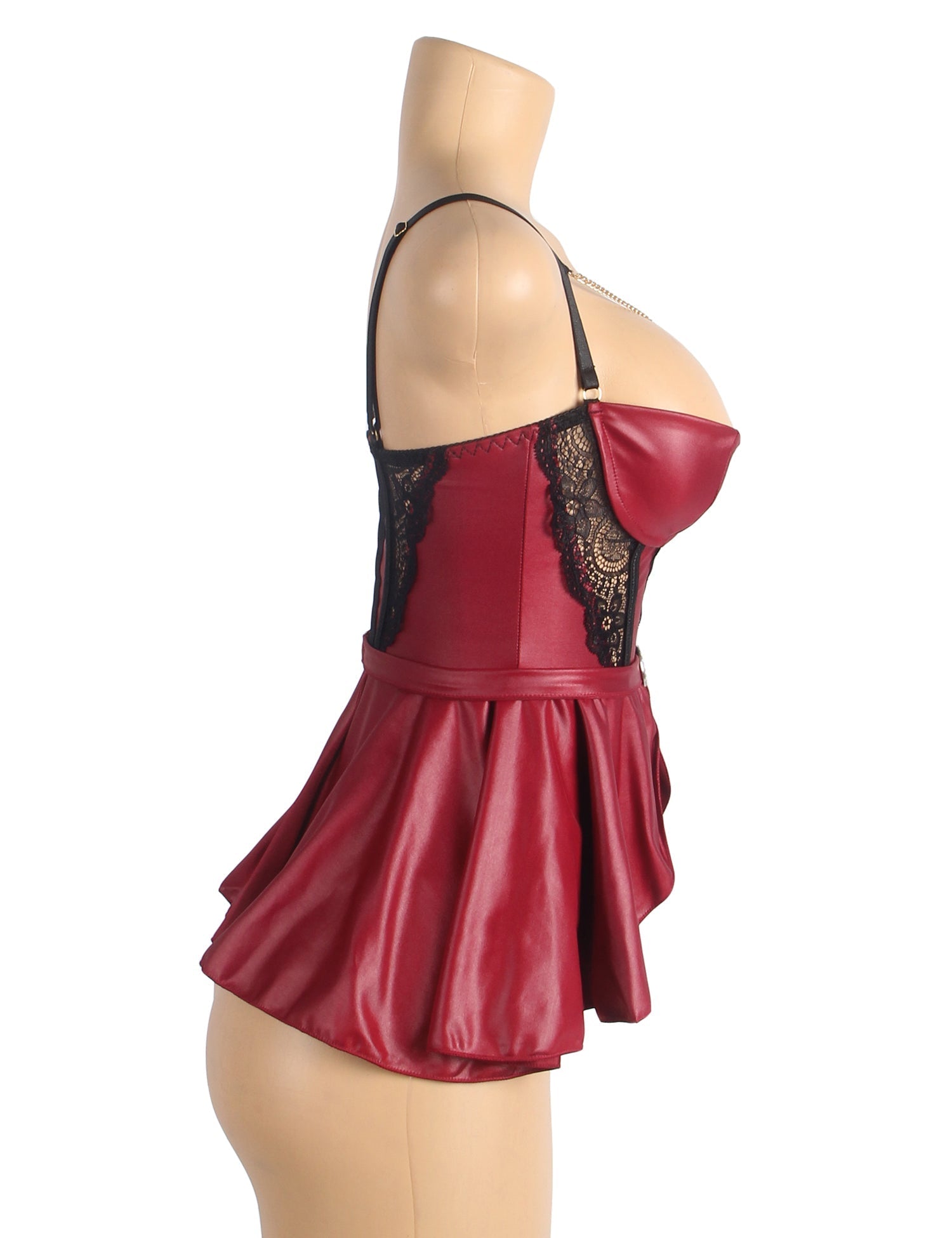 Wine Red Faux Leather Lace Nightgown – Front & Back Slit, Button Back, Removable Chain & Waist Belt - TeaseFashion