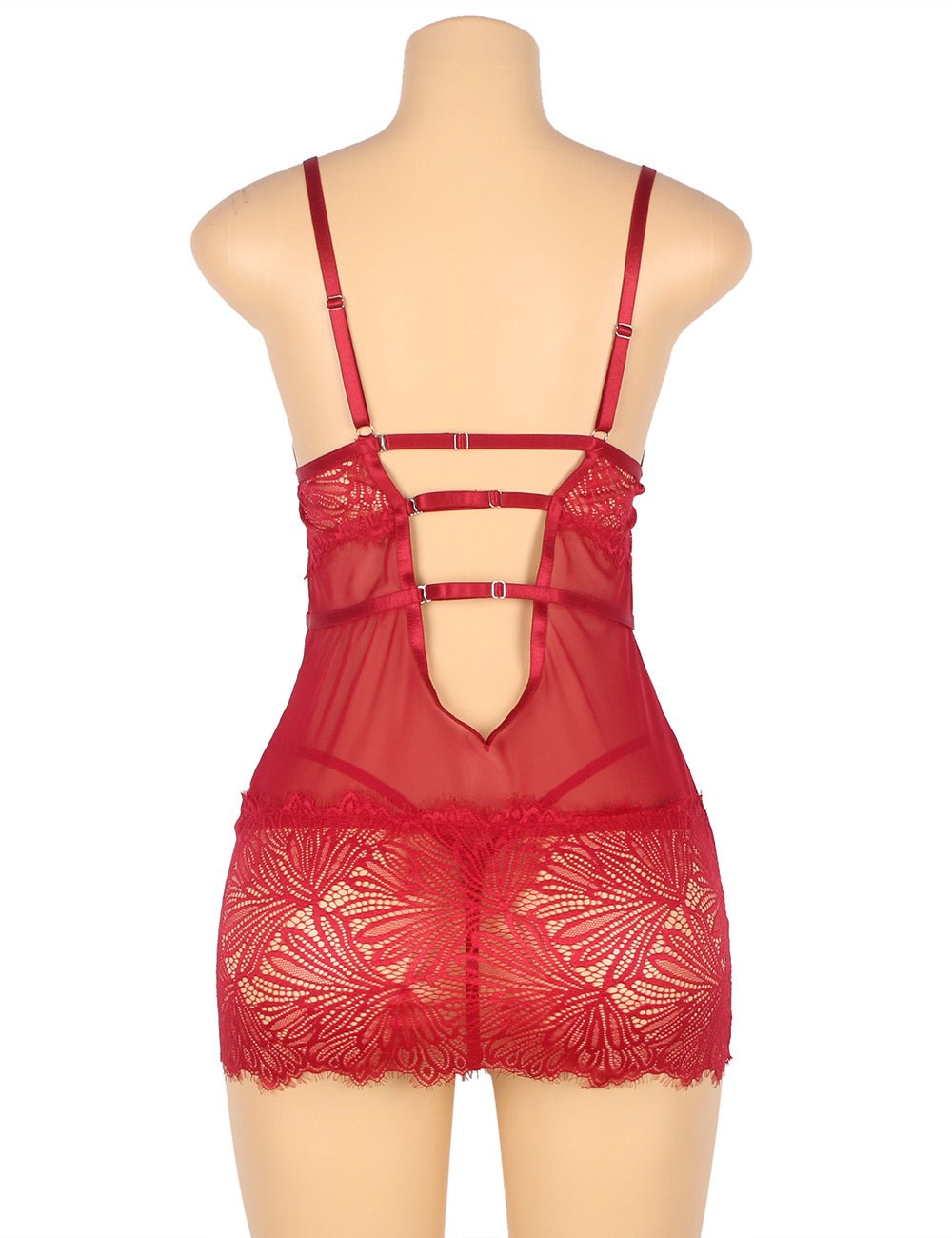 Wine Red Fitted Lace Babydoll with Adjustable Shoulder Straps - TeaseFashion
