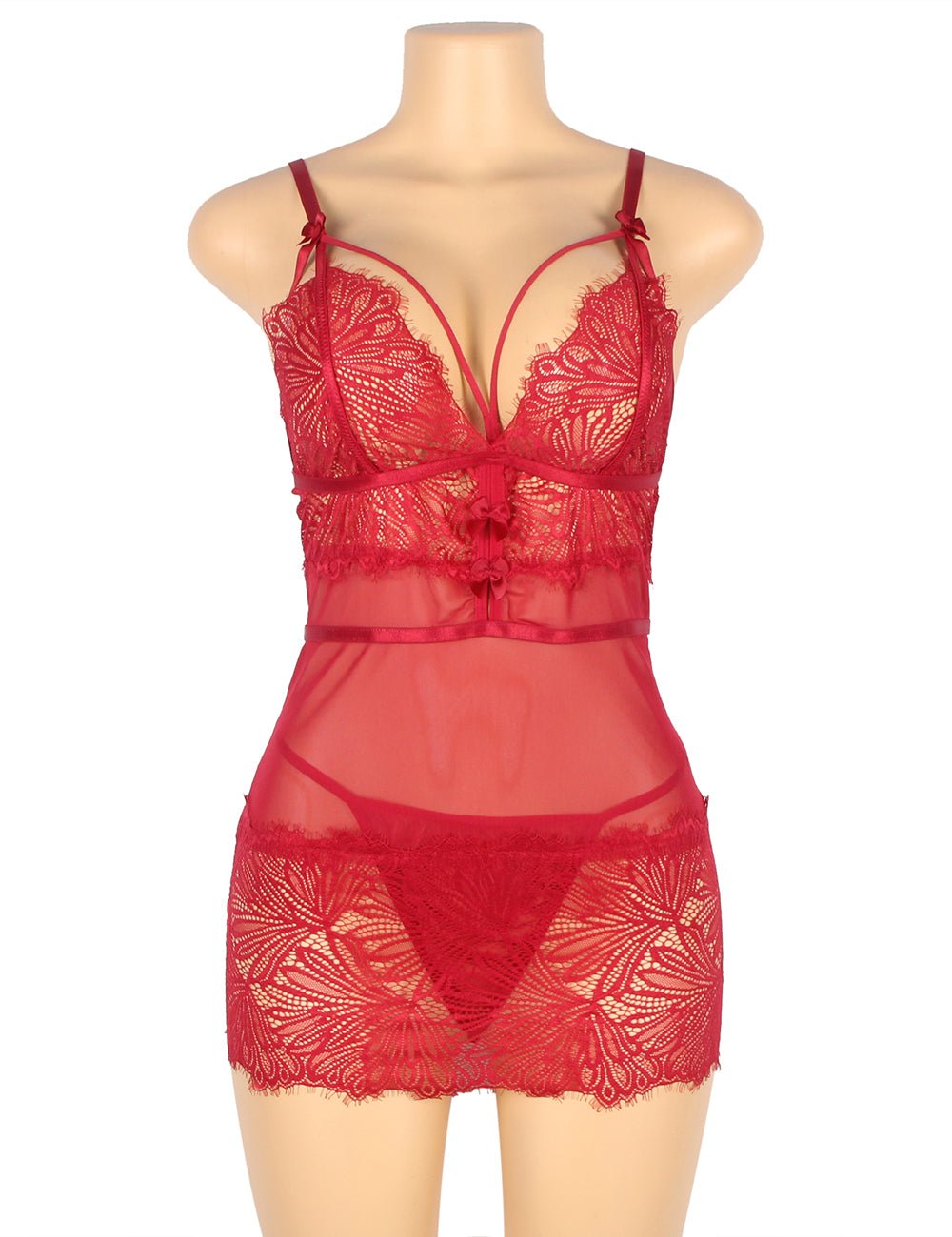 Wine Red Fitted Lace Babydoll with Adjustable Shoulder Straps - TeaseFashion