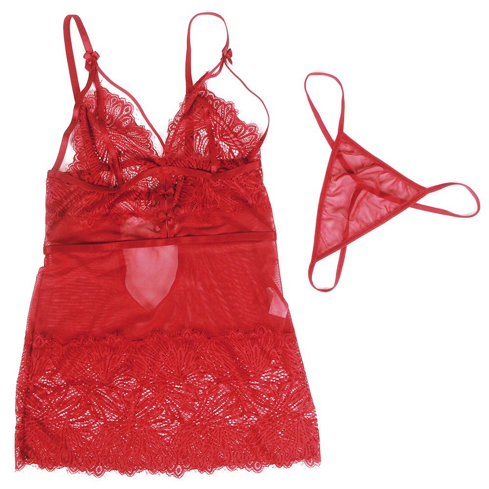 Wine Red Fitted Lace Babydoll with Adjustable Shoulder Straps - TeaseFashion