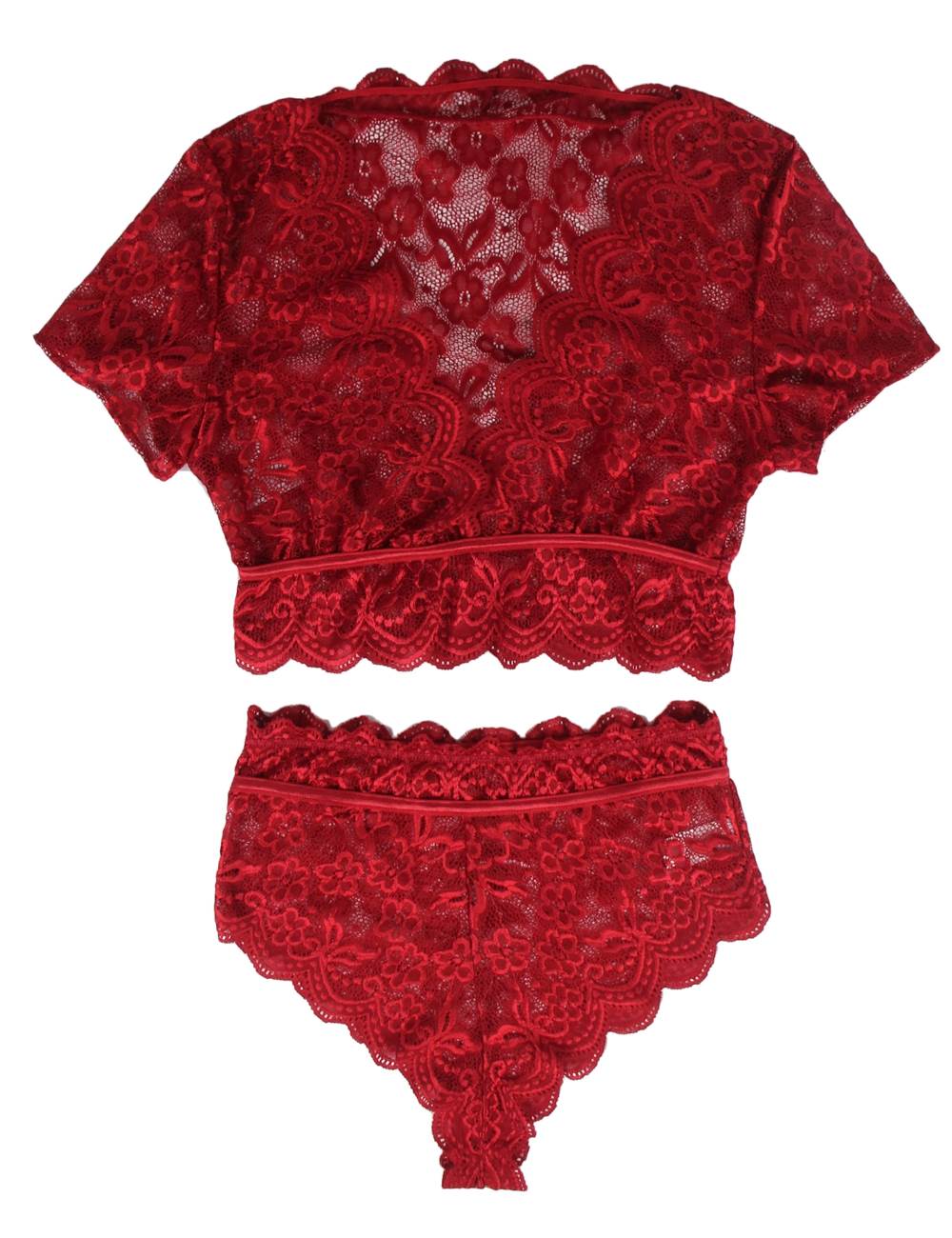 Wine Red Glossy Lace Bra & High - Waist Panty Set – Deep V - Neck Crop Top - TeaseFashion