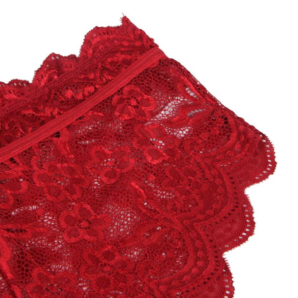 Wine Red Glossy Lace Bra & High - Waist Panty Set – Deep V - Neck Crop Top - TeaseFashion