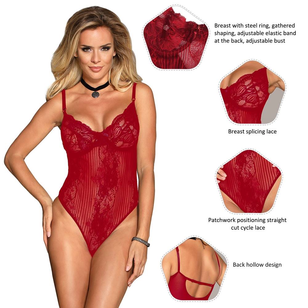 Wine Red Lace Teddy with Underwire & Open Back - TeaseFashion