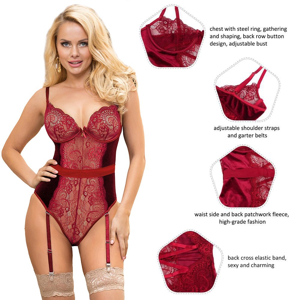 Wine Red Lace & Velvet Teddy with Steel Ring Underwire - TeaseFashion