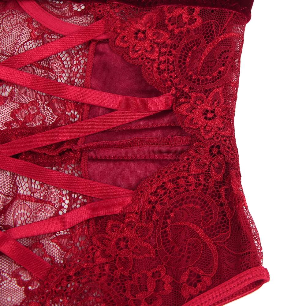 Wine Red Lace & Velvet Teddy with Steel Ring Underwire - TeaseFashion