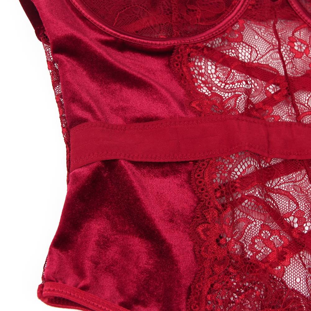 Wine Red Lace & Velvet Teddy with Steel Ring Underwire - TeaseFashion