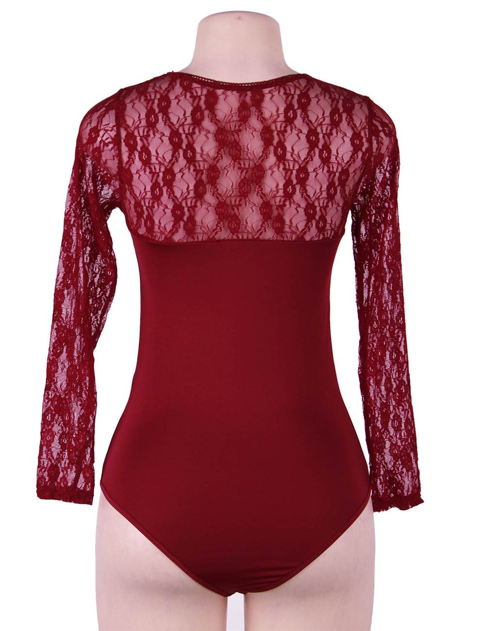 Wine Red Long - Sleeve Bodysuit – Sheer Lace & Mesh Chest, Adjustable Snap Crotch - TeaseFashion