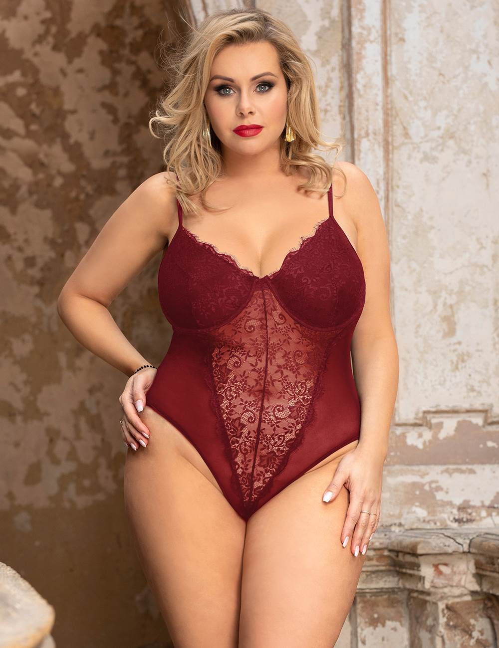 Wine Red Mesh & Lace Teddy – Underwired Bust, Eyelash Lace Detail, Open Crotch & Adjustable Straps - TeaseFashion