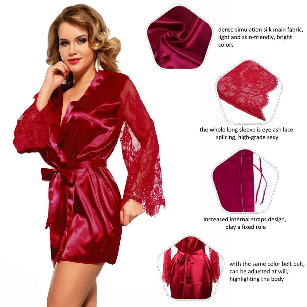 Wine Red Satin Nightdress – Eyelash Lace Sleeves, Wide Neckline, Adjustable Belt & Thong Set - TeaseFashion