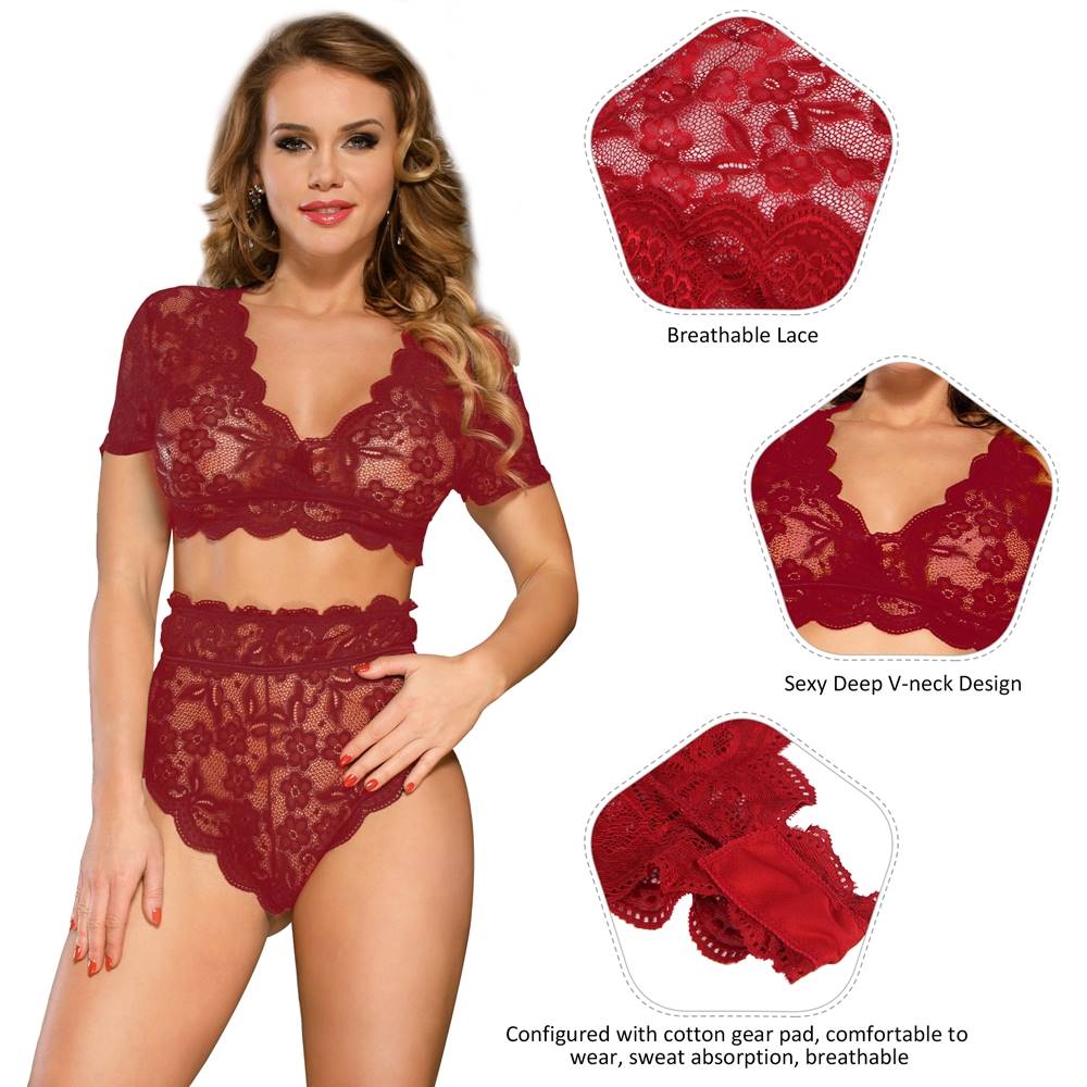 Wine Red Shiny Lace Deep - V Crop Bra & High - Waist Panty Set - TeaseFashion