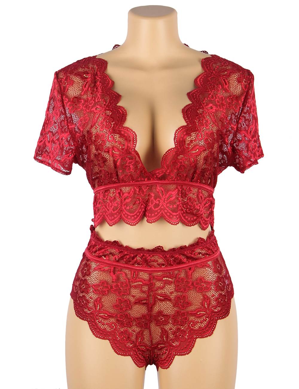 Wine Red Shiny Lace Deep - V Crop Bra & High - Waist Panty Set - TeaseFashion
