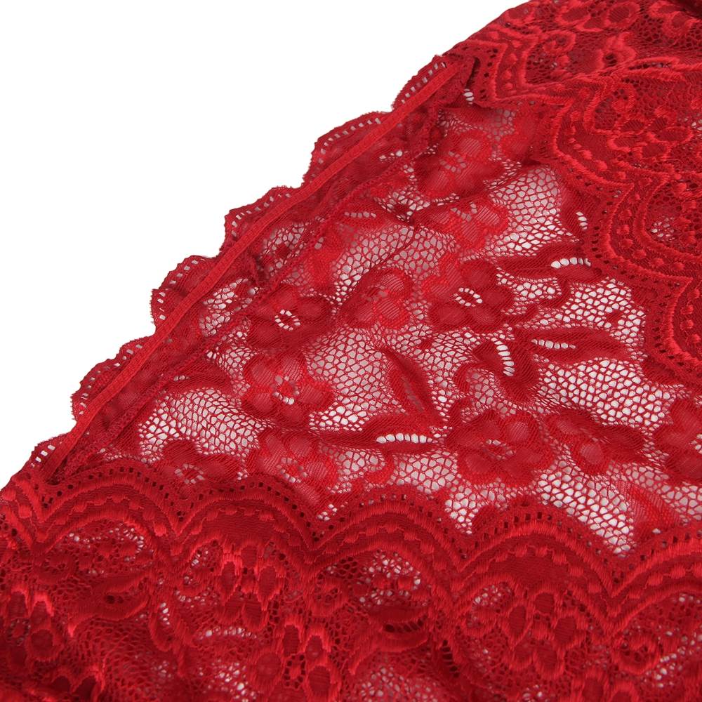 Wine Red Shiny Lace Deep - V Crop Bra & High - Waist Panty Set - TeaseFashion