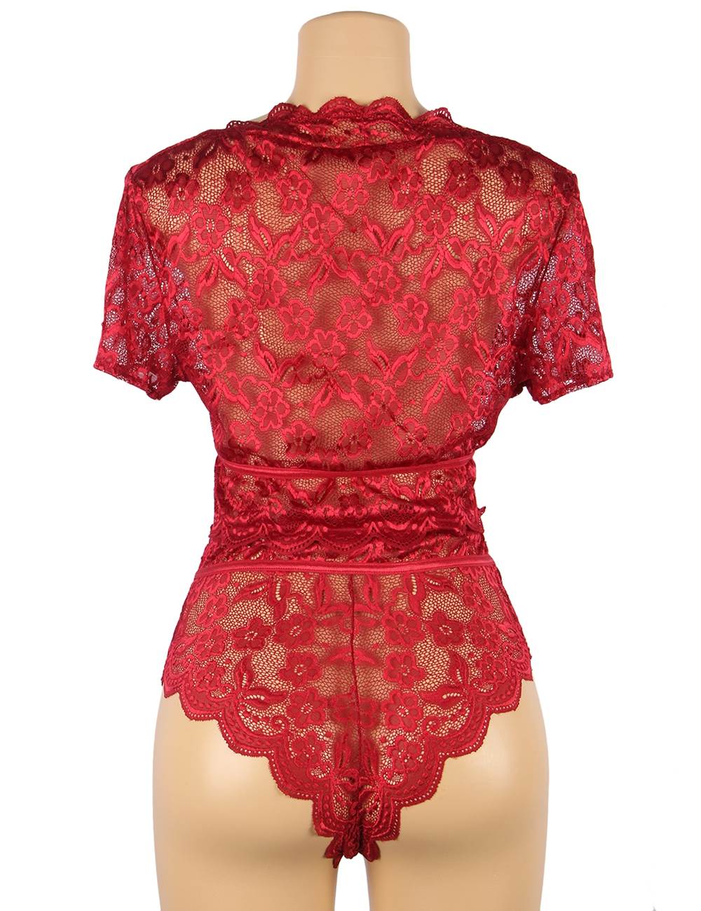 Wine Red Shiny Lace Deep - V Crop Bra & High - Waist Panty Set - TeaseFashion