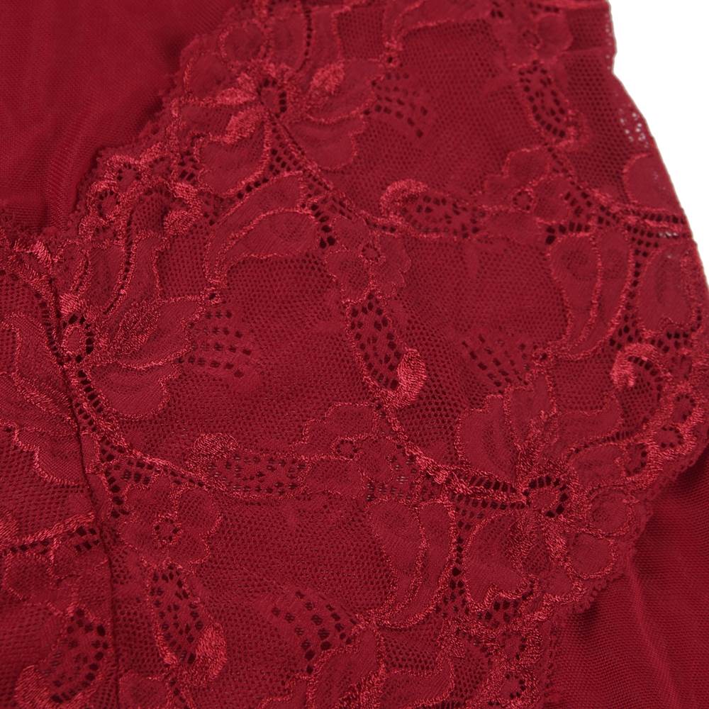 Wine Red V - Panel Lace & Mesh Babydoll & Thong Set - TeaseFashion