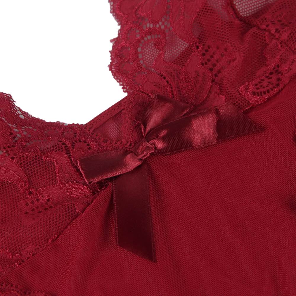 Wine Red V - Panel Lace & Mesh Babydoll & Thong Set - TeaseFashion