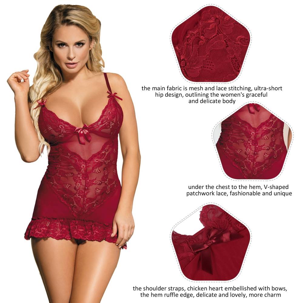 Wine Red V - Panel Lace & Mesh Babydoll & Thong Set - TeaseFashion