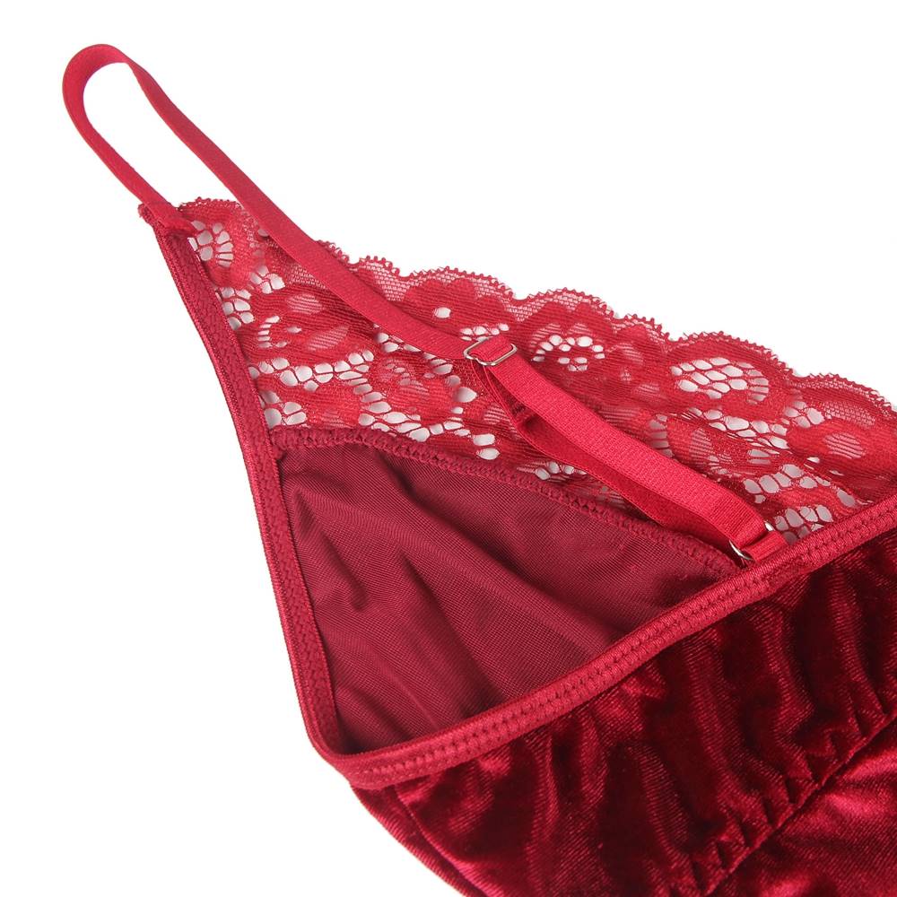 Wine Red Velvet & Lace Garter Teddy – Deep V Neck, Elastic Waist Straps, Decorative Buckles & Garter Belts - TeaseFashion