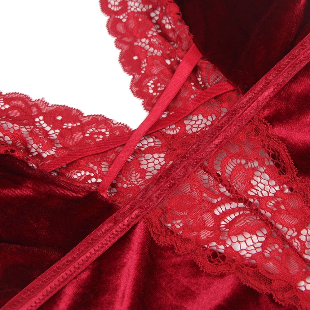 Wine Red Velvet & Lace Garter Teddy – Deep V Neck, Elastic Waist Straps, Decorative Buckles & Garter Belts - TeaseFashion