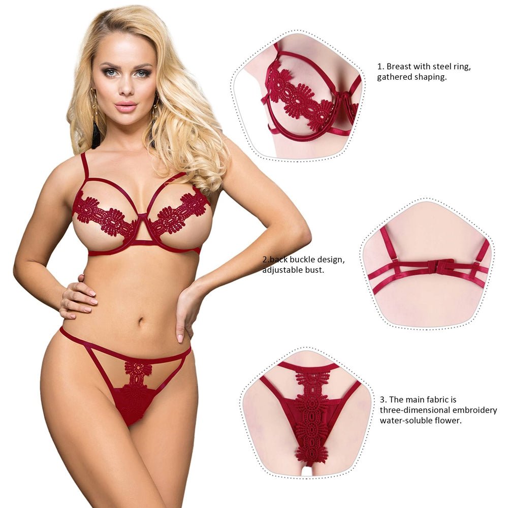 Wine Red Water - Soluble Flower Embroidery Lace Underwired Bra Set with Hollow - Out Detail - TeaseFashion
