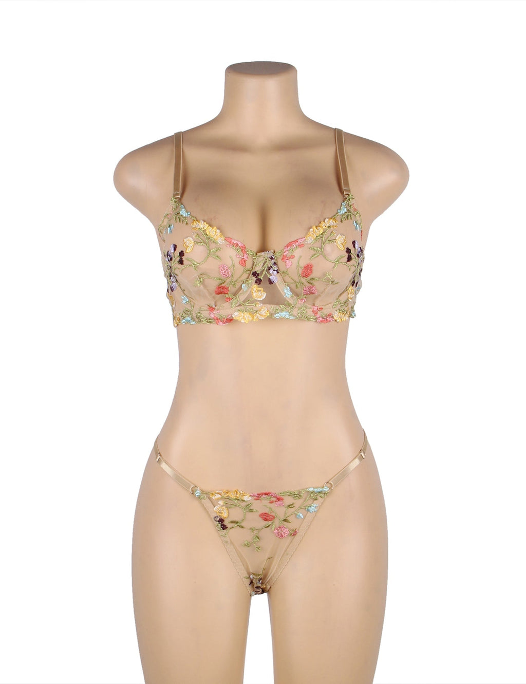 Yellow 3D Embroidery Mesh Lingerie Set – Underwire & Adjustable - TeaseFashion